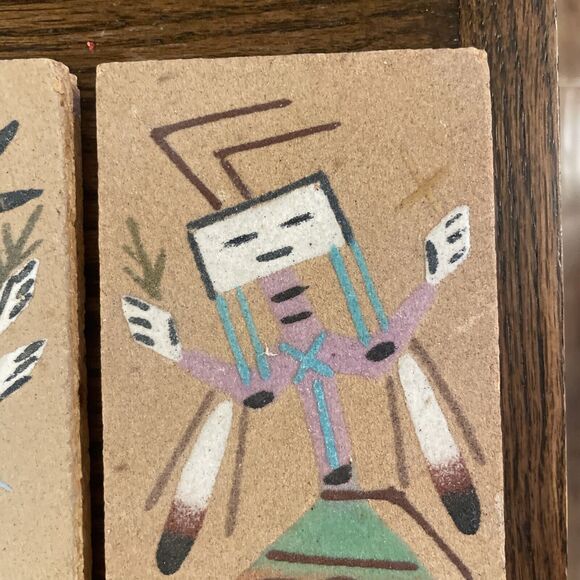 Pair Navajo Sand Art Painting  American Southwest Vintage On Wood MCM - Picture 4 of 9